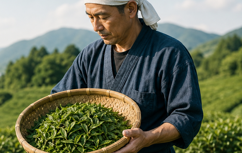 Japanese tea farmer in a green tea field