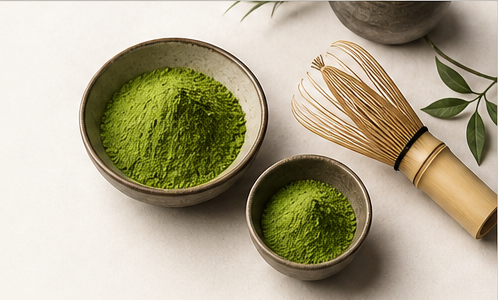 Bowls of Japanese matcha powder and bamboo whisk