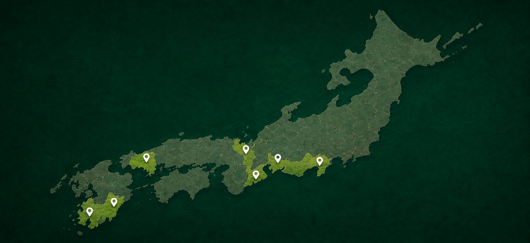 Map of Japan highlighting Aichi, Kagoshima, Kyoto, Mie, Miyazaki, Shizuoka, and Yamaguchi